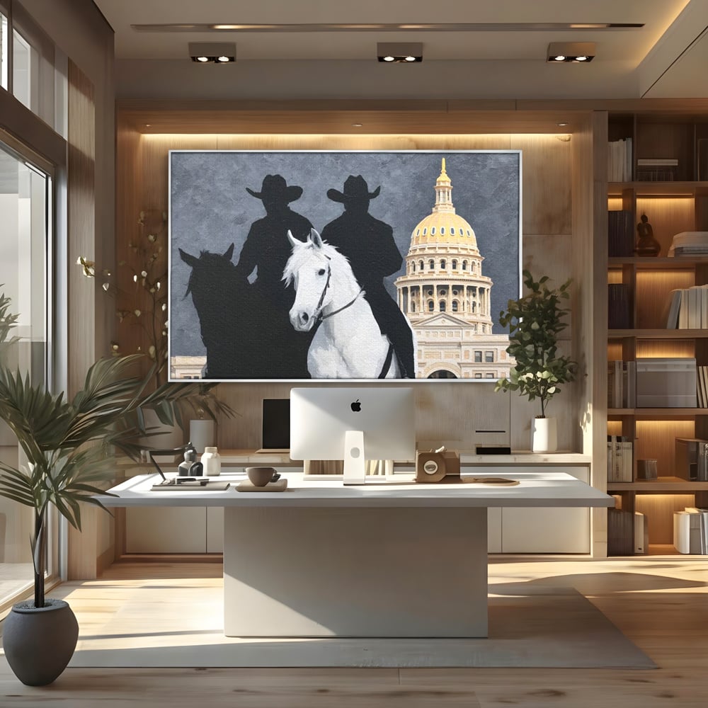Tablou canvas cu pictura cu doi cowboy si cladire oficiala, in rama de aluminiu argintiu, pe perete intr-un birou